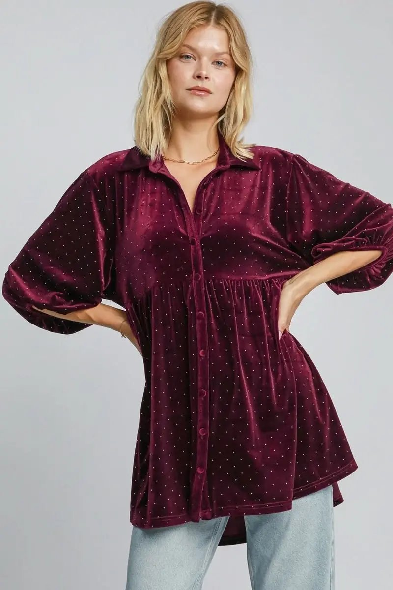 Polka Dot Button-Up Half Sleeve Blouse by Umgee - Love Salve